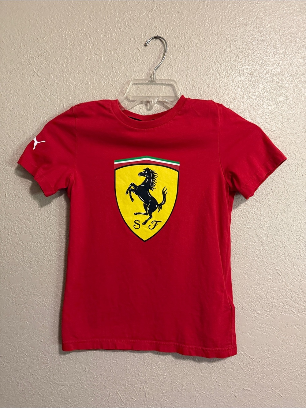 Official Ferrari Puma Kids Red Tee with Yellow Ferrari Shield Graphic